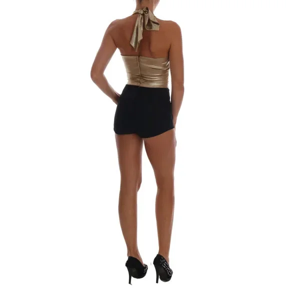 Dolce & Gabbana Gold and Black Silk Stretch Bodysuit Romper